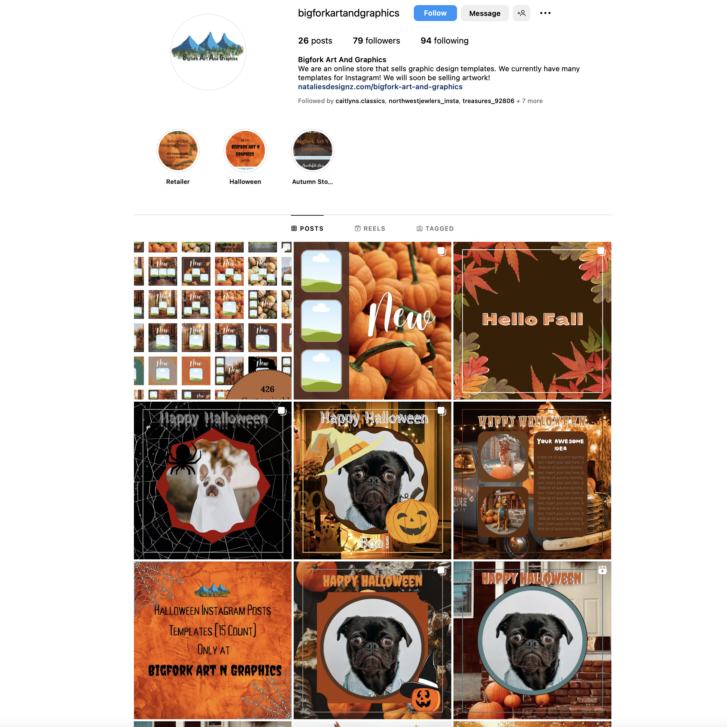 image of Bigfork Art and Graphics Instagram page. It includes images of graphic design templates for Instagram posts for different holidays. Click image to view Instagram page.